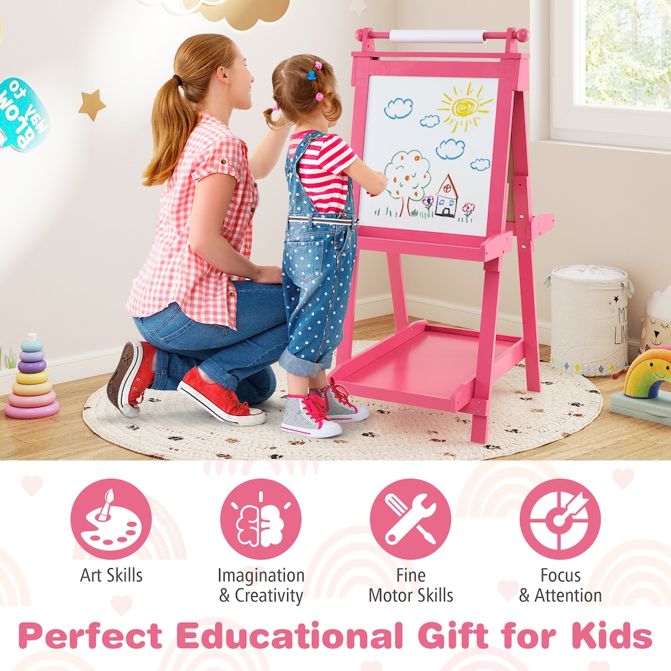 image 1 of COSTWAY Foldable Easel Kids 3-in-1 Double-sided Art Easel w/Chalkboard-Pink