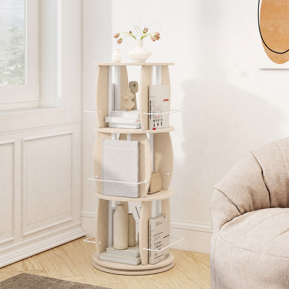 3-Tier Rotating Bookshelf Tower with Display Stands - Tesco Groceries