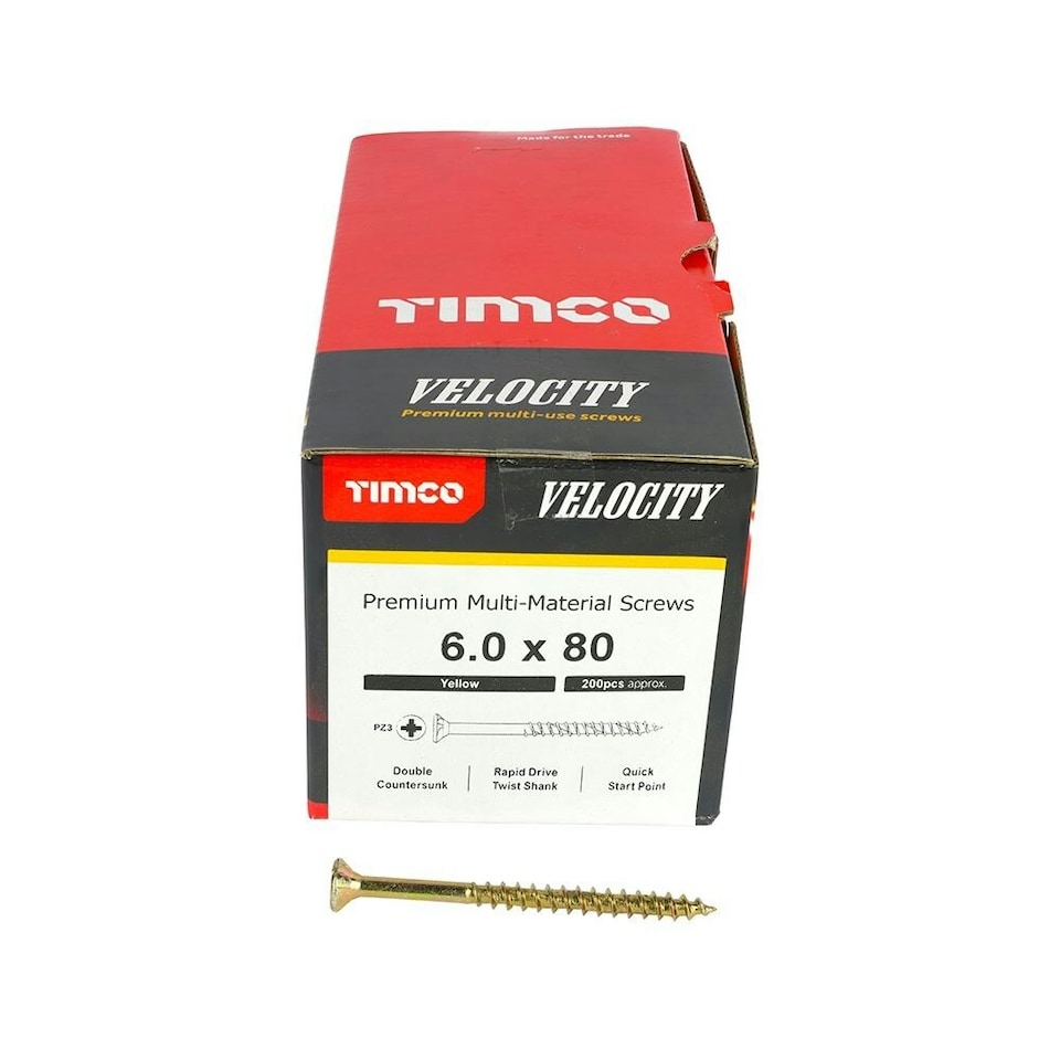image 1 of Timco - Velocity Premium Multi-Use Screws - PZ - Double Countersunk - Yellow (Size 6.0 x 80 - 200 Pieces)