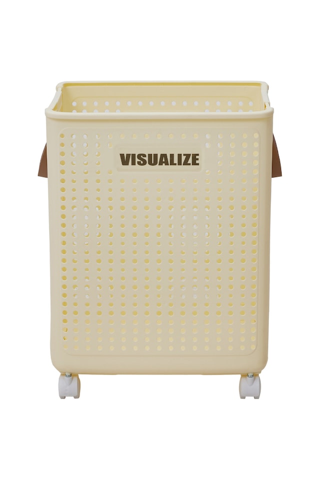 image 1 of Living and Home Foldable Laundry Basket with Wheels, L | Cream | L