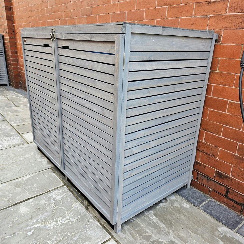 image 1 of 1.35m x 1.14m Large Grey Wooden Outdoor Garden Double Wheelie Bin Store Storage for 2 Bins with Back Panels