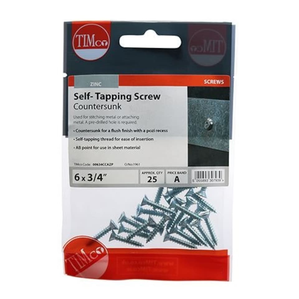 image 1 of Timco - Self-Tapping Screws - PZ - Countersunk - Zinc (Size 6 x 3/4 - 25 Pieces)
