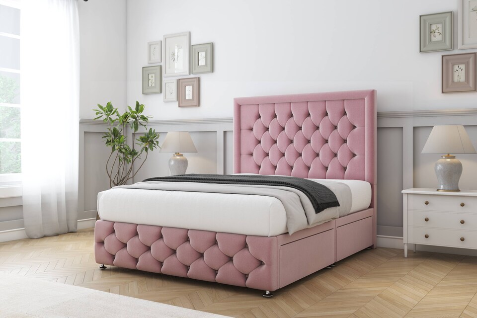 image 1 of Sloomy Vienna Pink Plush Divan Bed Base 2 Drawers Foot-End With 26 Inch Strutted Headboard & 12 Inch Matching Footboard | Pink | Pink | Super King | 1
