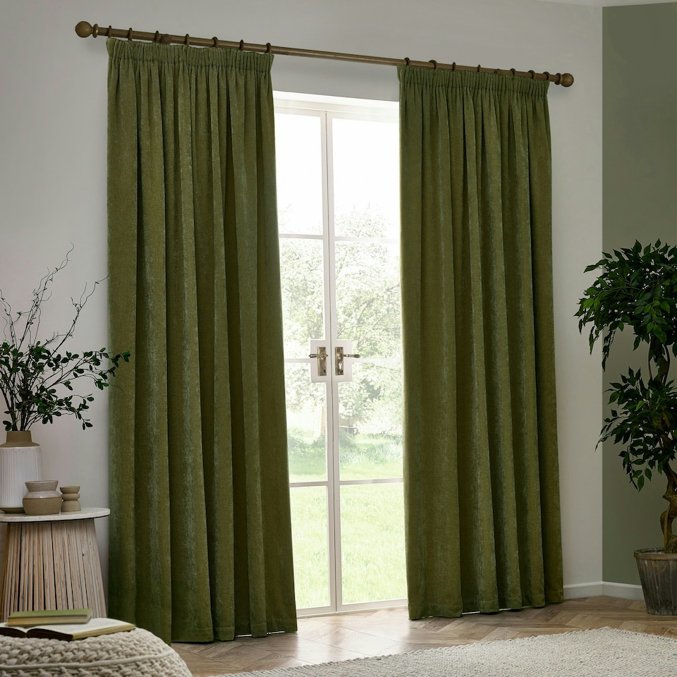 image 1 of Yard Heavy Chenille Velvet Olive Pencil Pleat Curtains  229 x 183cm Multi