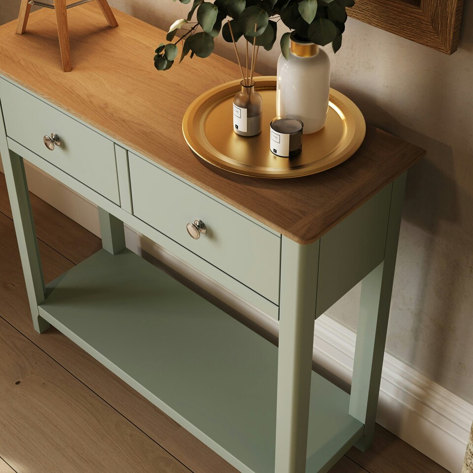 image 1 of Taberno Oak 2 Drawer Console Hallway Table Sage Green Green
