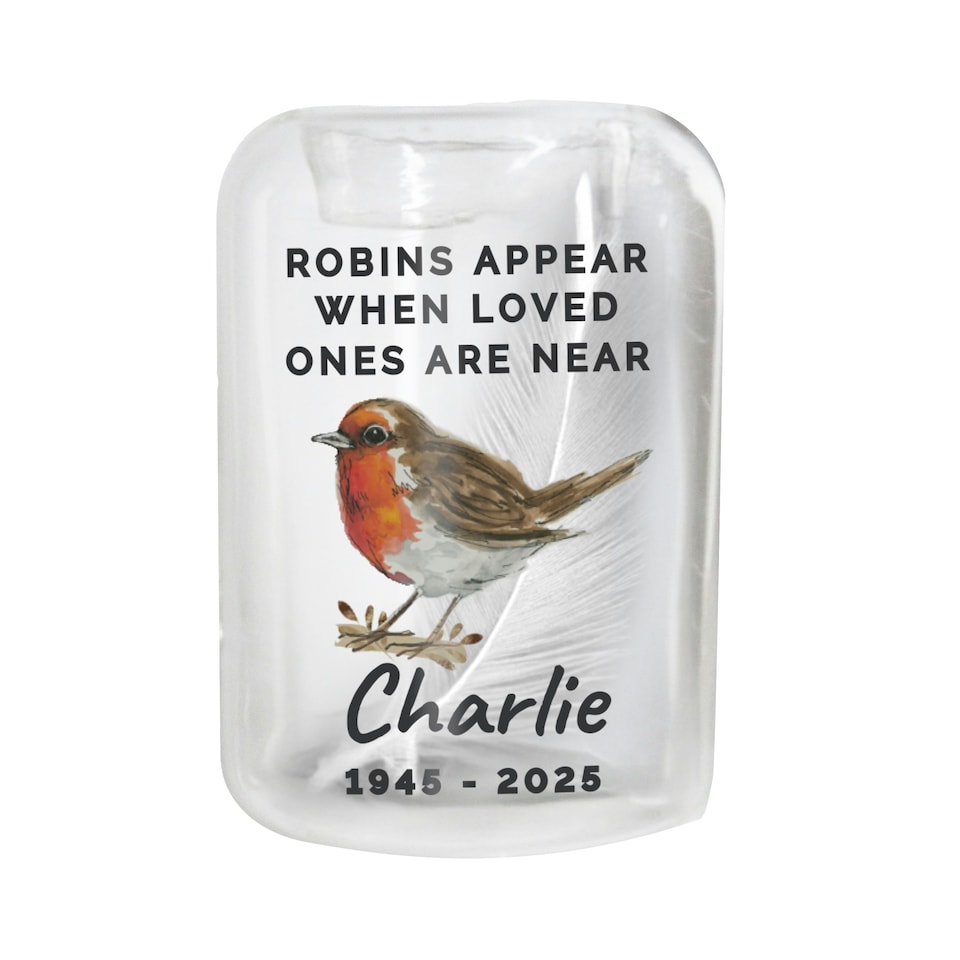 image 1 of Personalised Robin Memorial Feather Tealight Holder | Clear