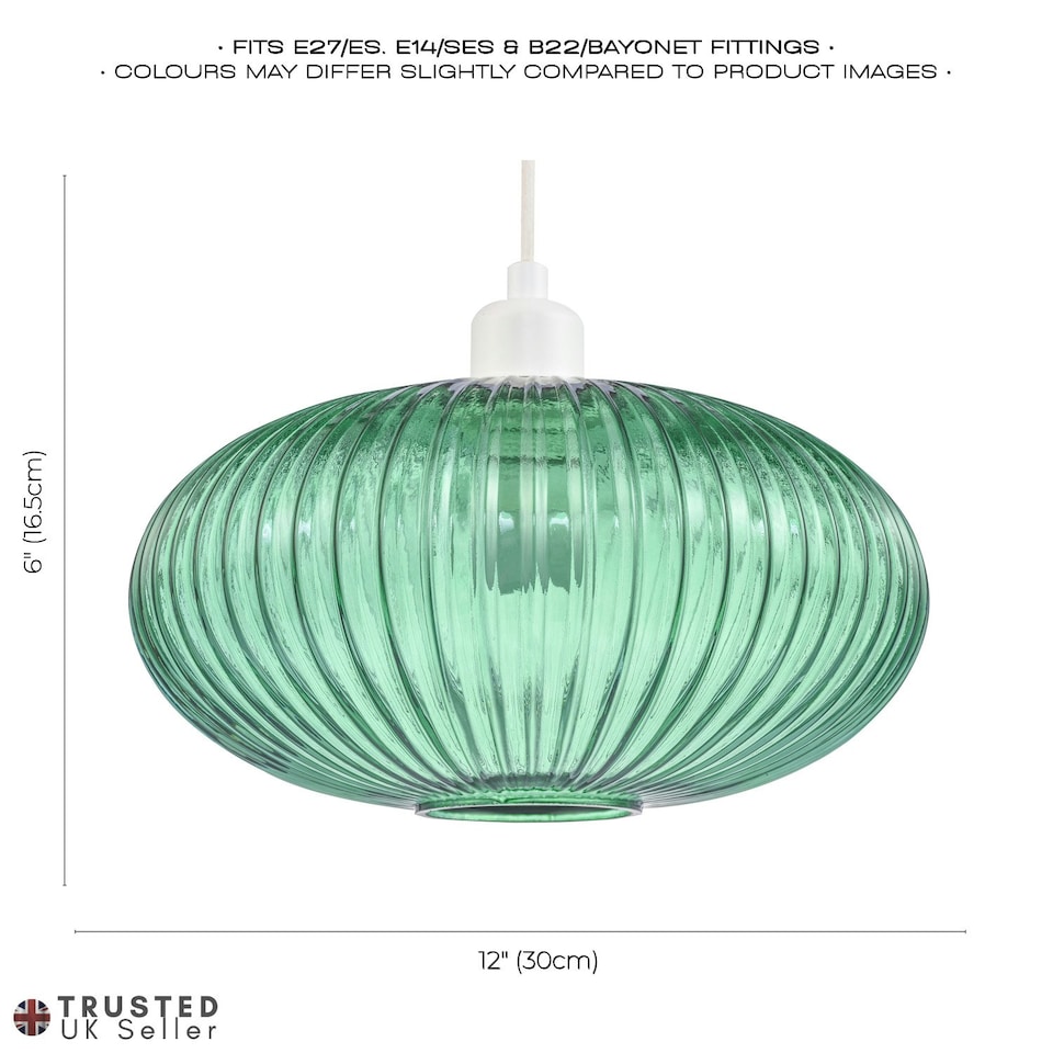 image 1 of Modern Designer Emerald Forest Green Line Ribbed Glass Oval Pendant Lamp Shade | Green