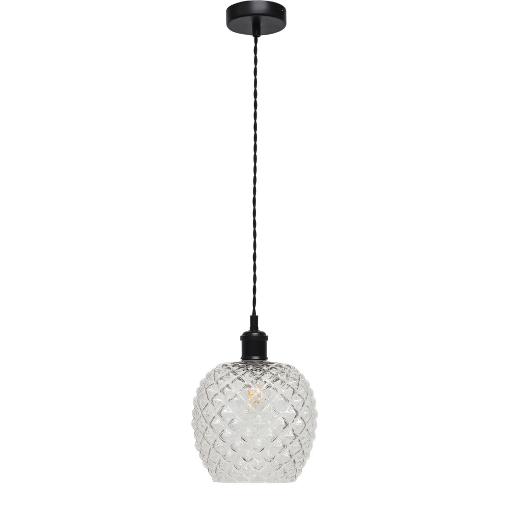 First Choice Lighting Baine - Clear Textured Glass Black Retro Pendant Fitting