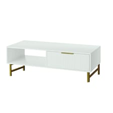 Modern White Coffee Table with Storage, Gold Metal Legs and Handles, Stylish Centre Table for Living Room and Lounge