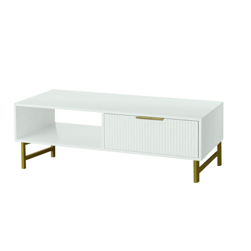 image 1 of Modern White Coffee Table with Storage, Gold Metal Legs and Handles, Stylish Centre Table for Living Room and Lounge