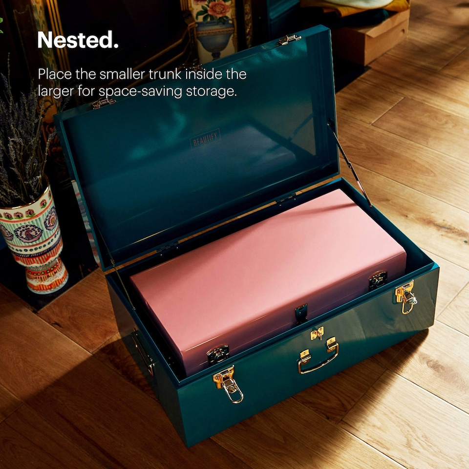 image 1 of BTFY Set of 2 Pink & Teal Stainless Steel Storage Trunks