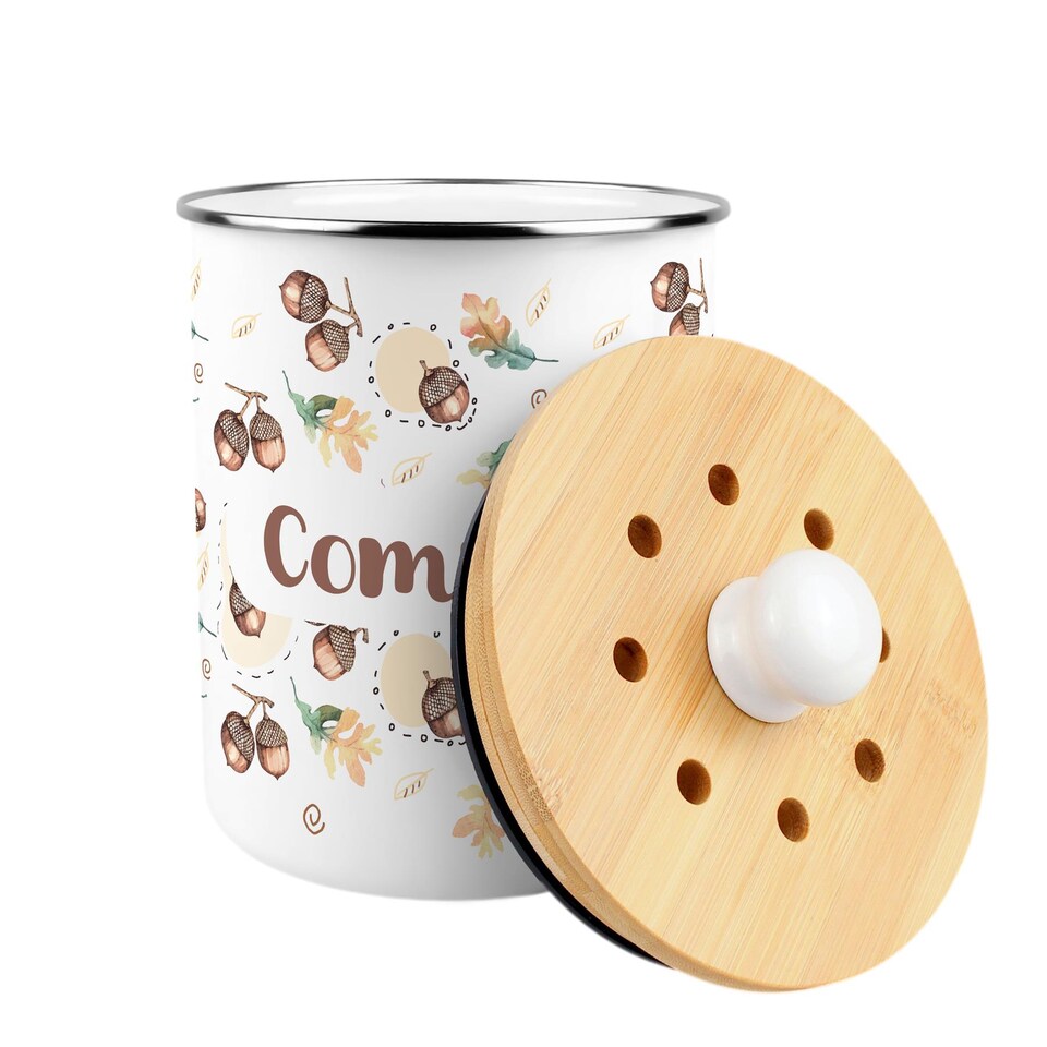 image 1 of Acorns & Oak Leaves Compost Caddy - Metal 2L Decorative Kitchen Food Waste Bin