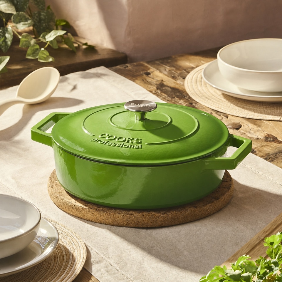 image 1 of Cooks Professional Cast Iron Casserole Dish 28cm - Ovenproof Pan with Lid | Green | Green