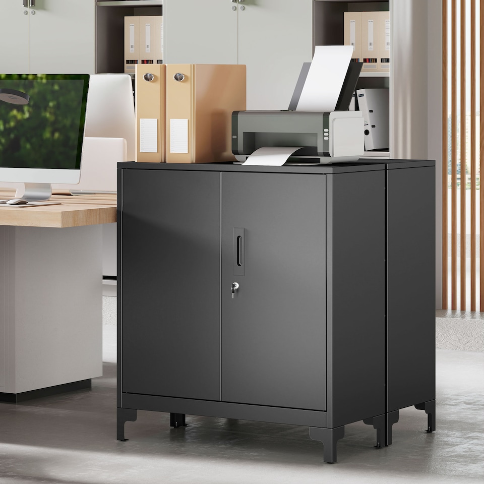 image 1 of HOMCOM Lockable Metal Filing Cabinet, 2-Tier Storage Cupboard | Black | Black | 80 x 35 x 91 cm