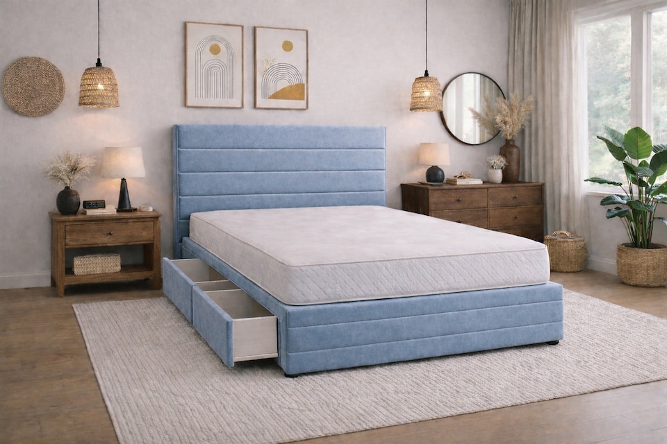 image 1 of Divan Bed Set Headboard and Footboard with Mattress 4ft6 Double Ice Blue Suede Storage No Drawers