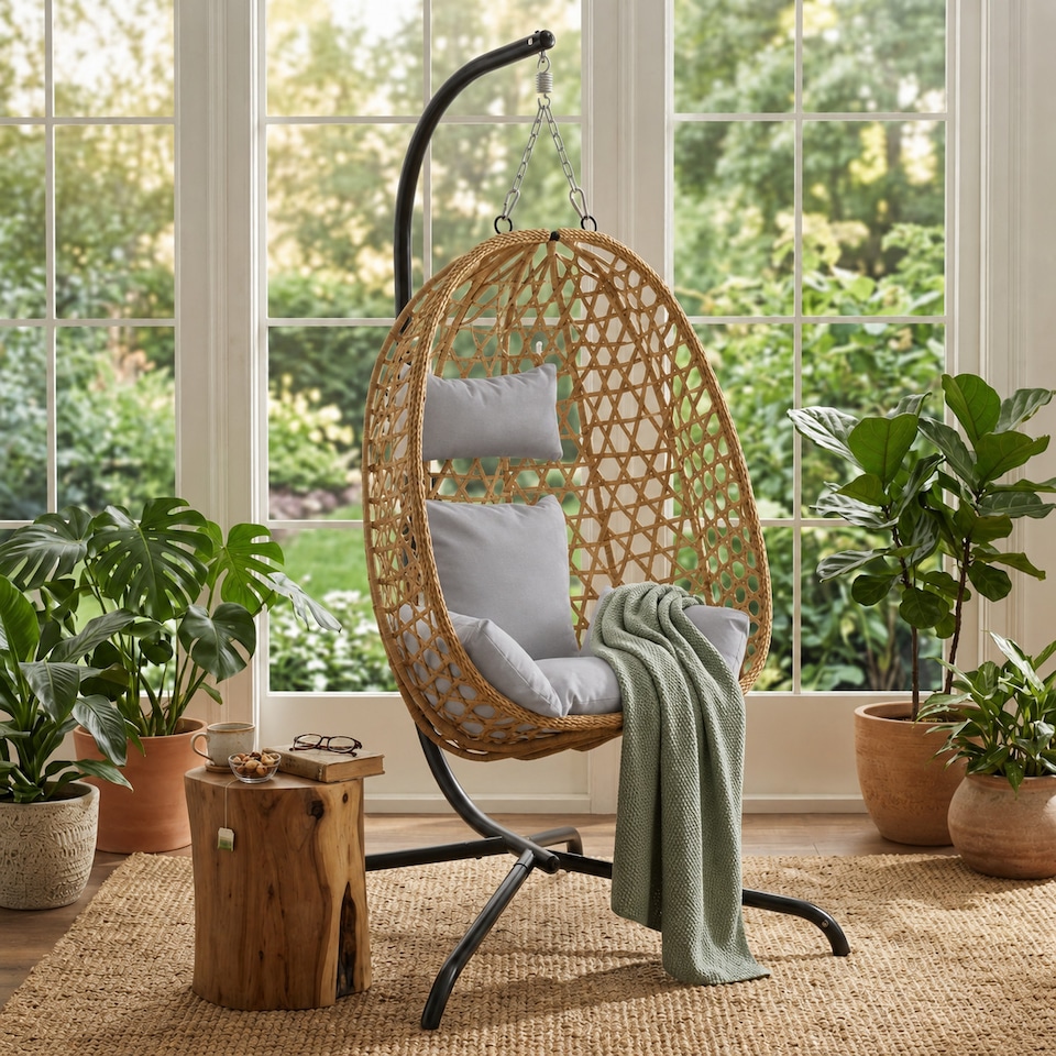 image 1 of URBNLIVING Rattan Hanging Egg Chair With Stand Indoor Outdoor