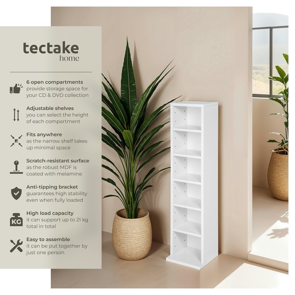 image 1 of CD DVD Storage Tower Media Display Unit Adjustable Shelves Wood Effect 102 CDs or 27 DVDs White