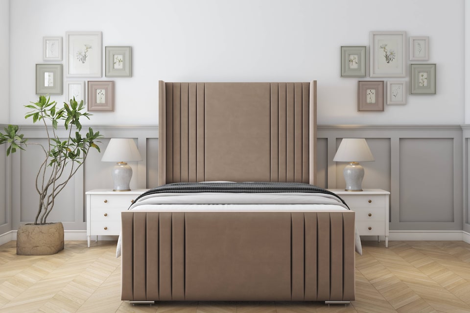 image 1 of Sloomy Camden Mink Plush Bed Frame With Mattress With 50"  Upholstered Wingback Headboard 5' King