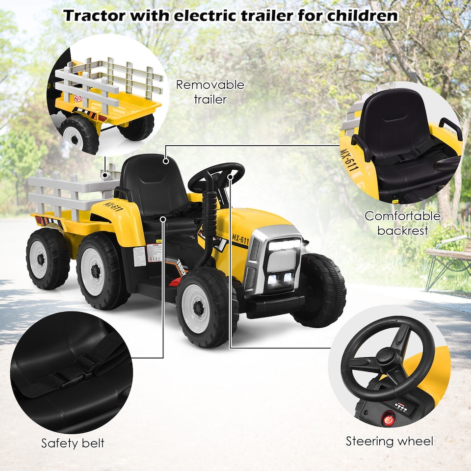 image 1 of COSTWAY 12V Kids Ride On Tractor with Trailer Music Yellow