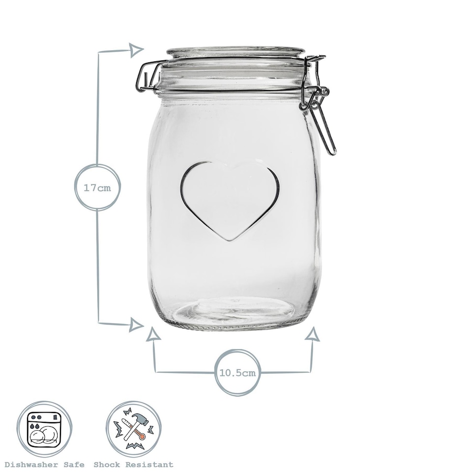 image 1 of Nicola Spring 6x Glass Storage Jars - 1 Litre Airtight Clip Lid Kitchen Vintage Round Preserving Container Heart Shaped Design