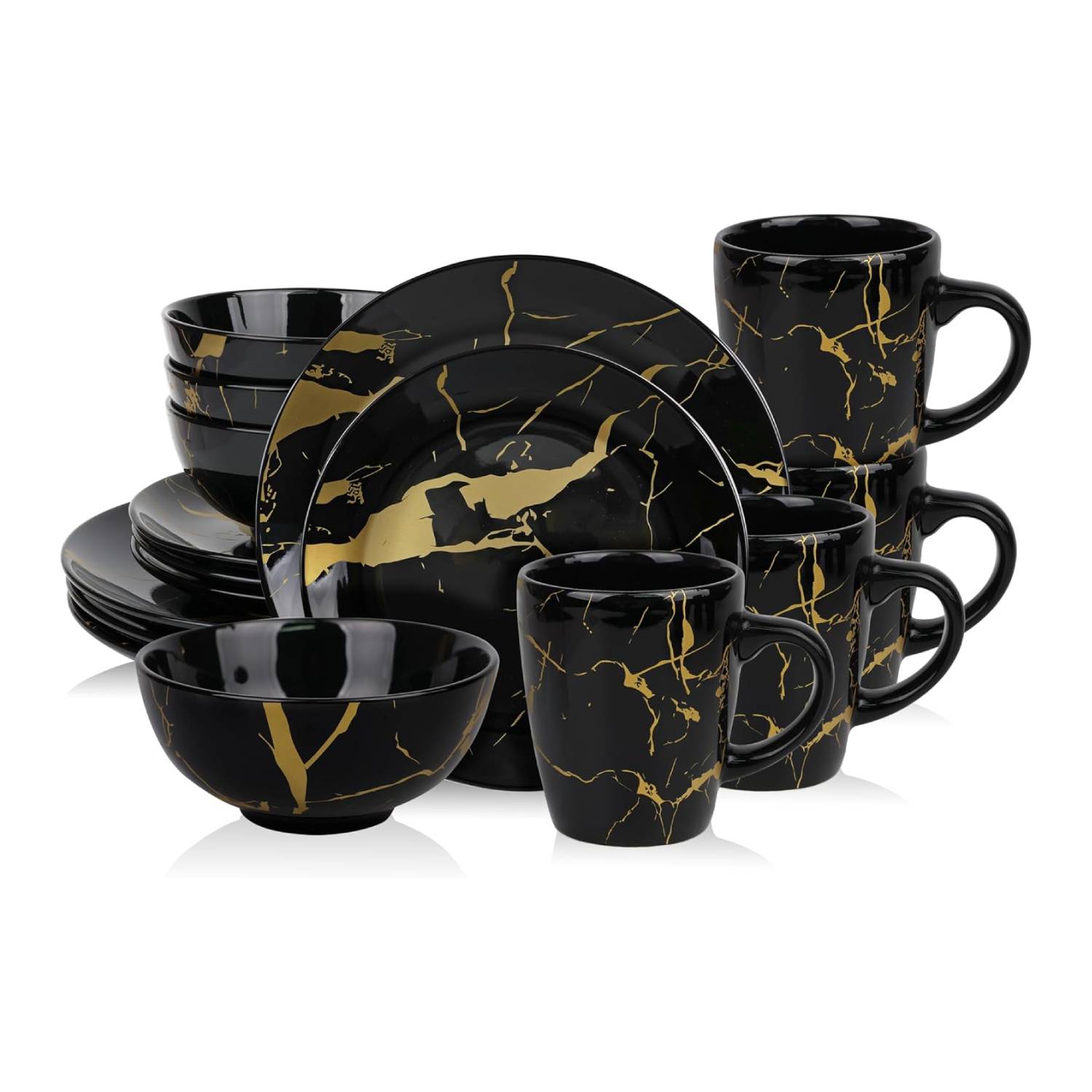 Alivio 16-Piece Porcelain Dinner Set for 4 - Modern Ceramic Dinnerware Set with Plates, Bowls & Mugs, Microwave & Dishwasher Safe (Black and Gold) | Black | Gold | 1