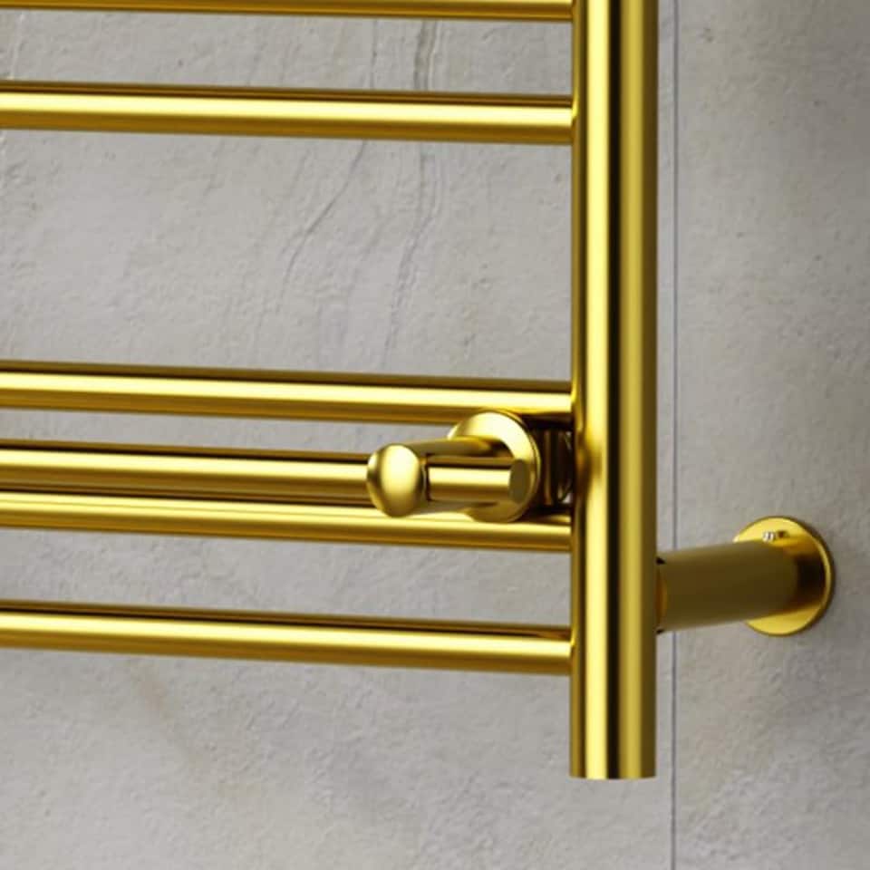 image 1 of 490mm x 680mm Shiny Gold Heated Towel Rail Radiator Top Shelf & Two Towel Holder OSLO For Bathroom & Kitchen Rag Storage Rack