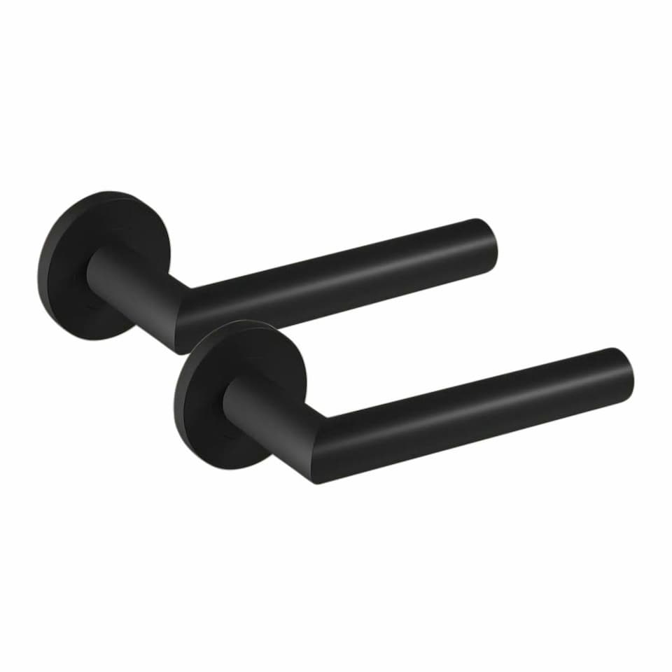 image 1 of Golden Grace Mitred Design Door Handles Set on Round Rose in Matt Black Finish with 64mm 3 Lever Mortise Lock, 3" Ball Bearing Hinges and Key Hole Black
