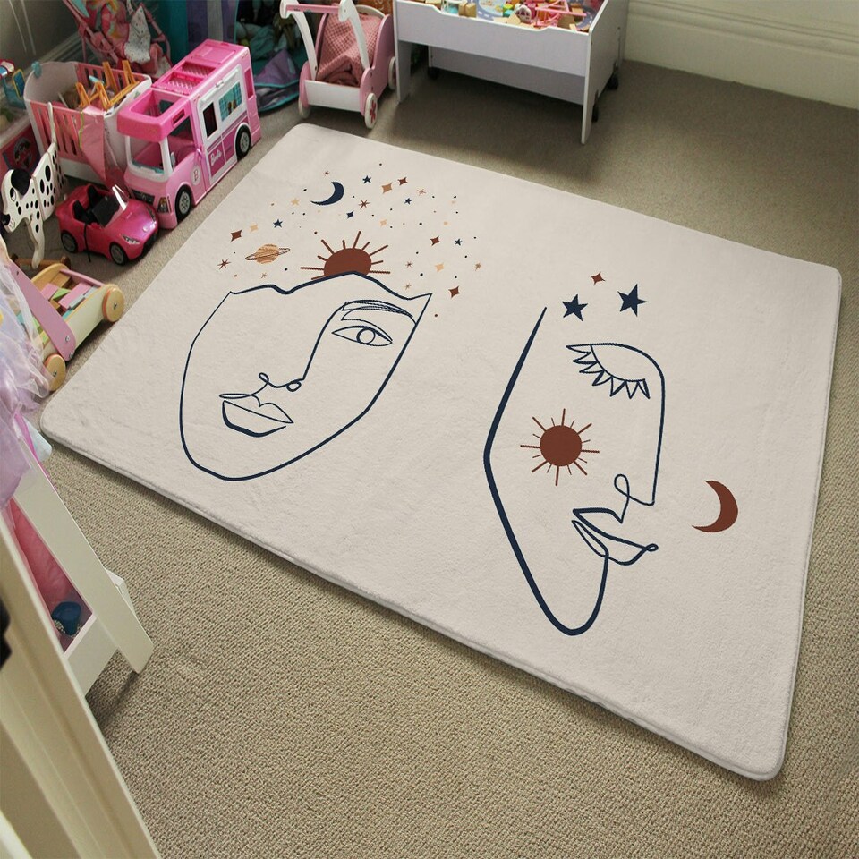 image 1 of Line art Illustration with Mystical and Celestial elements like stars, moon, sun and planets (Rug) Cream | L