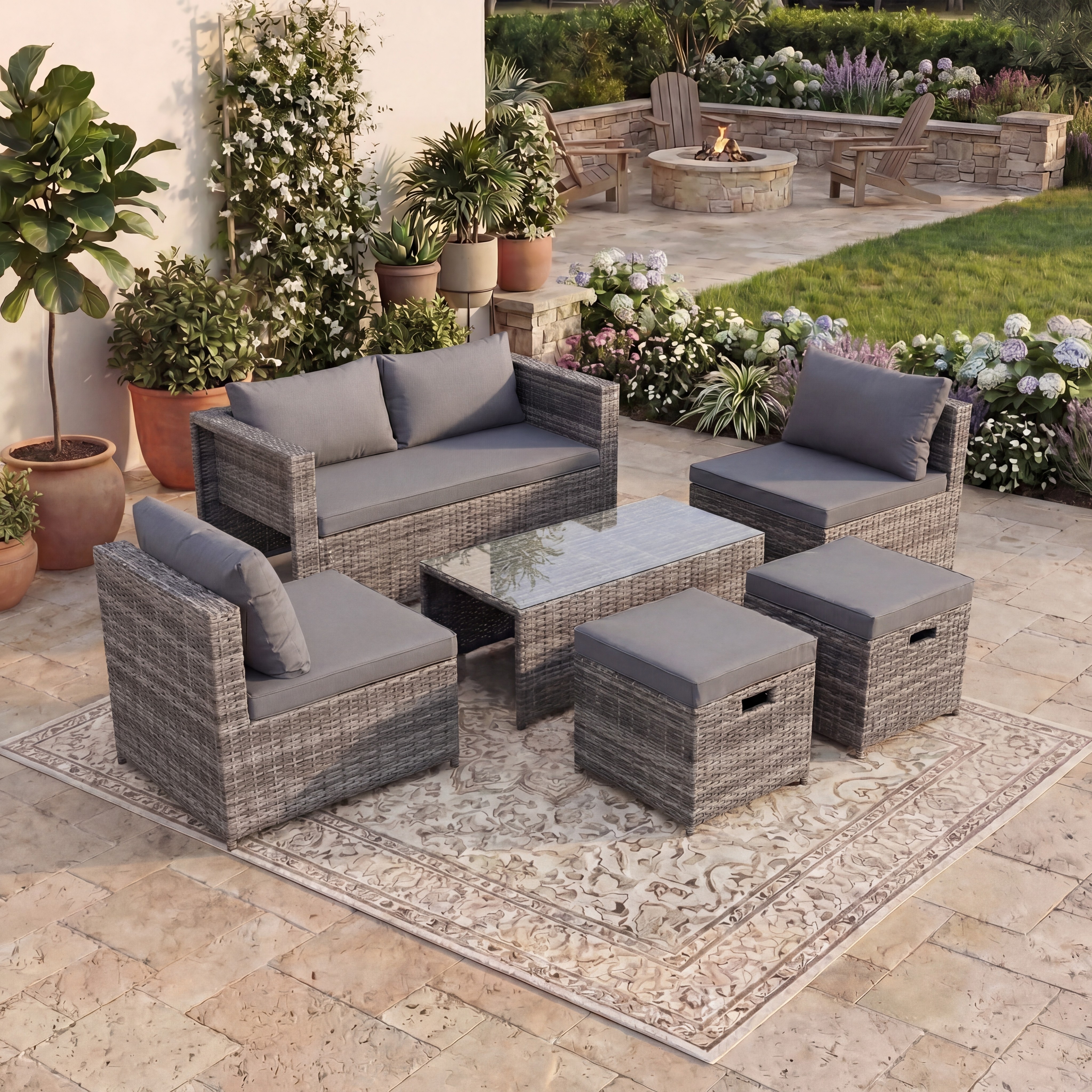 Garden Vida Islay 6 Seater Rattan Outdoor BBQ Patio Set with 2 Seater Sofa, 2x Chairs, 2x Stools, Glass Top Coffee Table - Grey