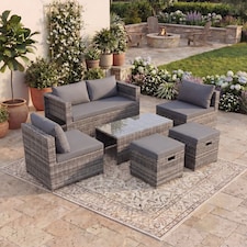 Garden Vida Islay 6 Seater Rattan Outdoor BBQ Patio Set with 2 Seater Sofa, 2x Chairs, 2x Stools, Glass Top Coffee Table - Grey
