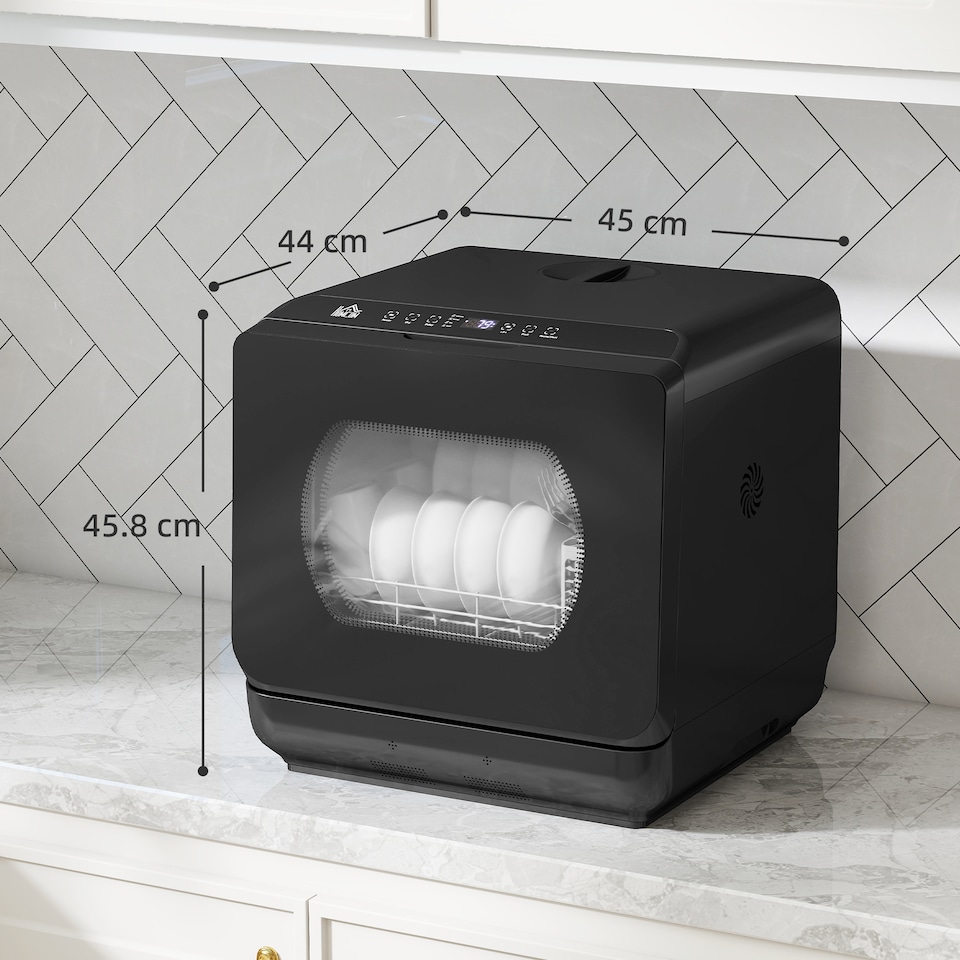 image 1 of HOMCOM Table Top Dishwasher, Mini Countertop Dishwasher No Plumbing with Built-in 6L Water Tank, 6 Programs, Touch Control, LED Display, 4 Place Settings, Dual Water Supply and Fruit Wash, Black