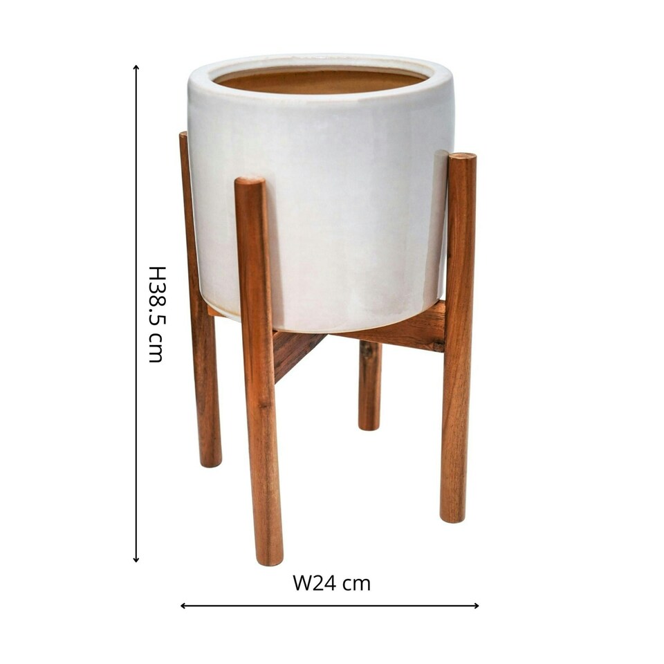 image 1 of Anzio Planter with Wooden Stand - Ceramic - L24 x W24 x H38.5 cm - Warm Grey | Grey