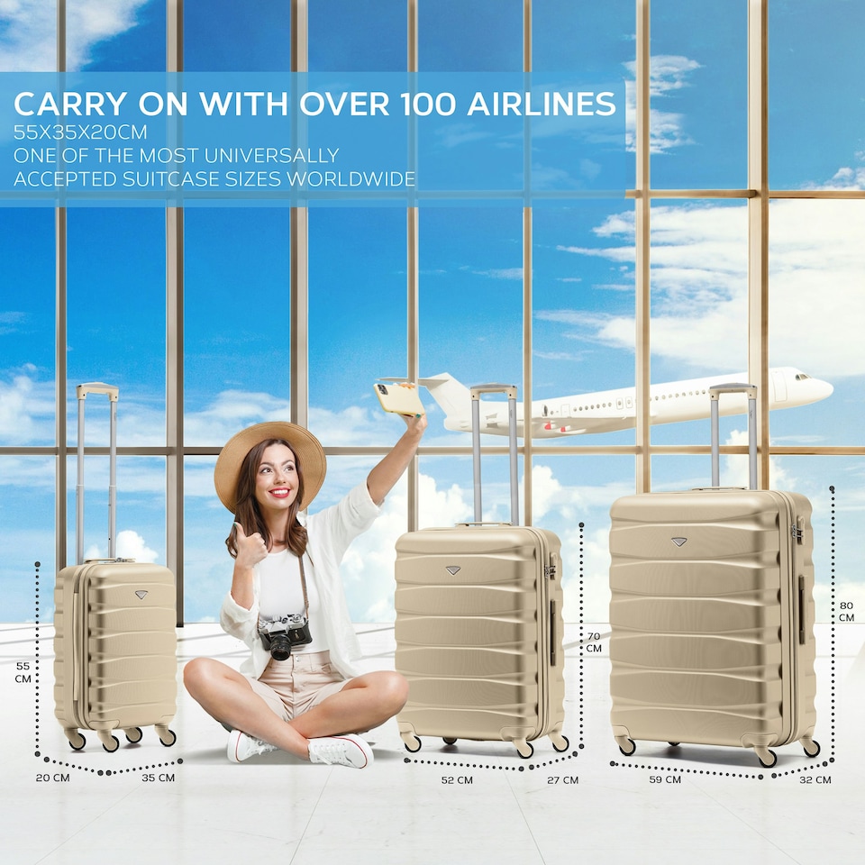 image 1 of Flight Knight Set of 3 Lightweight 4 Wheel ABS Hard Case Suitcases Cabin & Hold Luggage, 100+ Airlines Approved - easyJet, British Airways, Ryanair, Jet2 Cream | Champagne