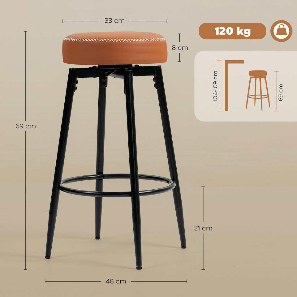 image 1 of HOMCOM Swivel Bar Stools Set of 2, PU Leather Barstools with Footrest Brown