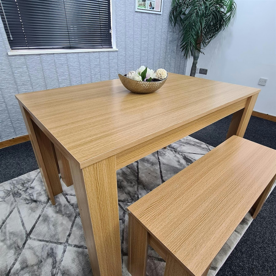 image 1 of Modern Rectangle Grey Dining Table Set With 2 Benches Dining Room Furniture | Grey | One Size