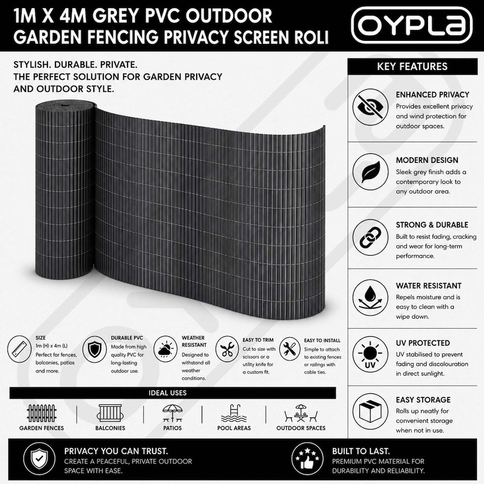 image 1 of 1m x 4m Grey PVC Outdoor Garden Fencing Privacy Screen Roll | Grey | 1