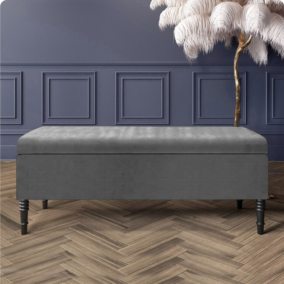 image 1 of 90cm Paris Plain Ottoman Storage Bench -Naples Shoes Bench with Black Turned Wooden Legs - Dark Grey Upholstery Storage Footstool