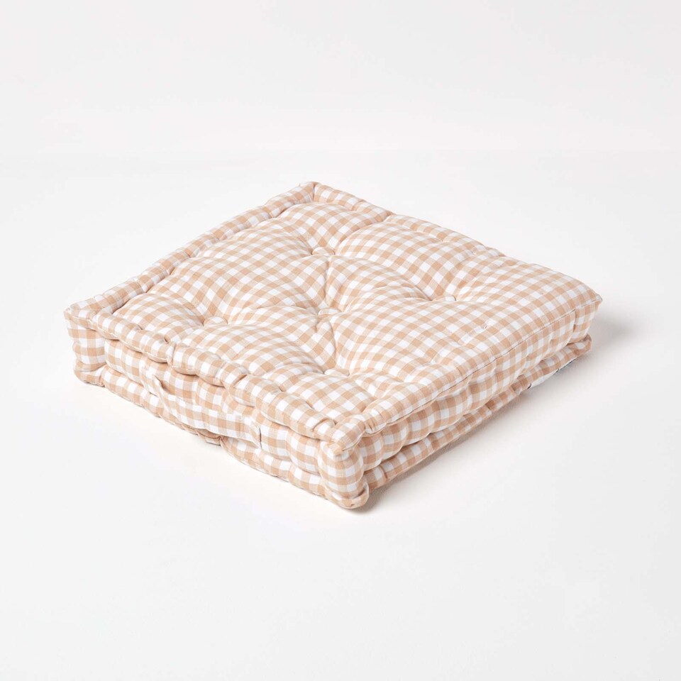 image 1 of Homescapes Cotton Gingham Check Beige Floor Cushion - 50 x 50 cm | Cream | Beige | 50 x 50 cm