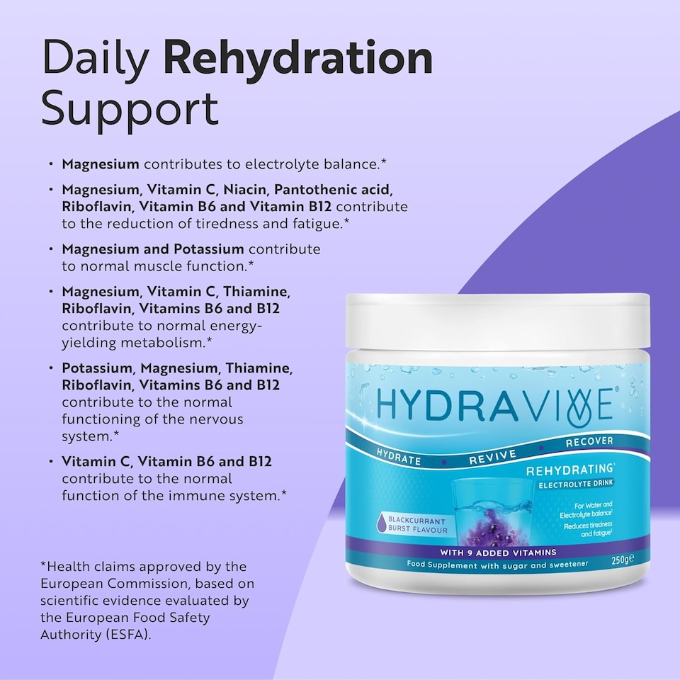 image 1 of Hydravive Rehydration Electrolytes Powder - Blackcurrant - High Strength Vitamin C & 8 B Vitamins: B1, B3, B5, B12 - Electrolyte Drinks - 250g