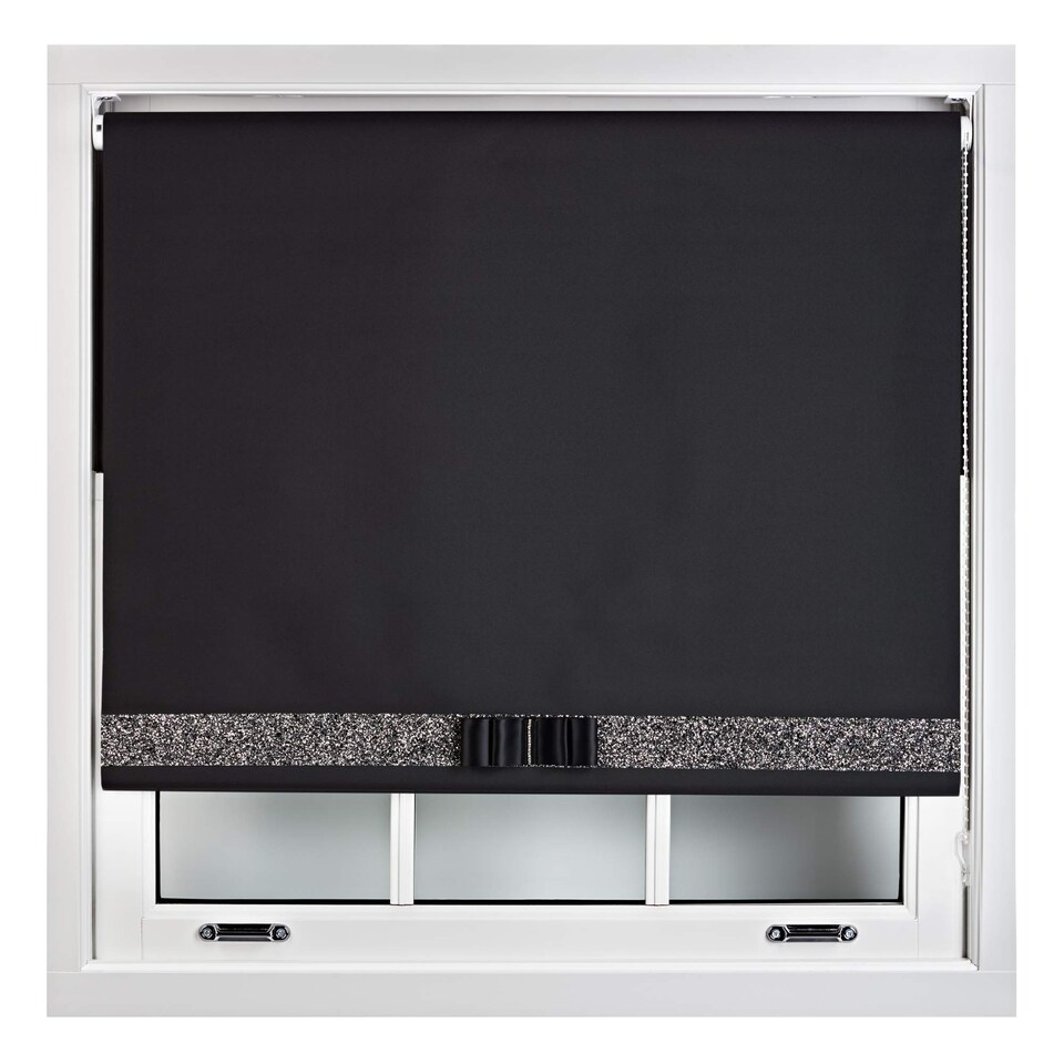 image 1 of FURNISHED Blackout Roller Blind with Black Glitter Trim and Black Bow Trimmable Window Shade | Black | Black | (W) 205cm x (L) 210cm