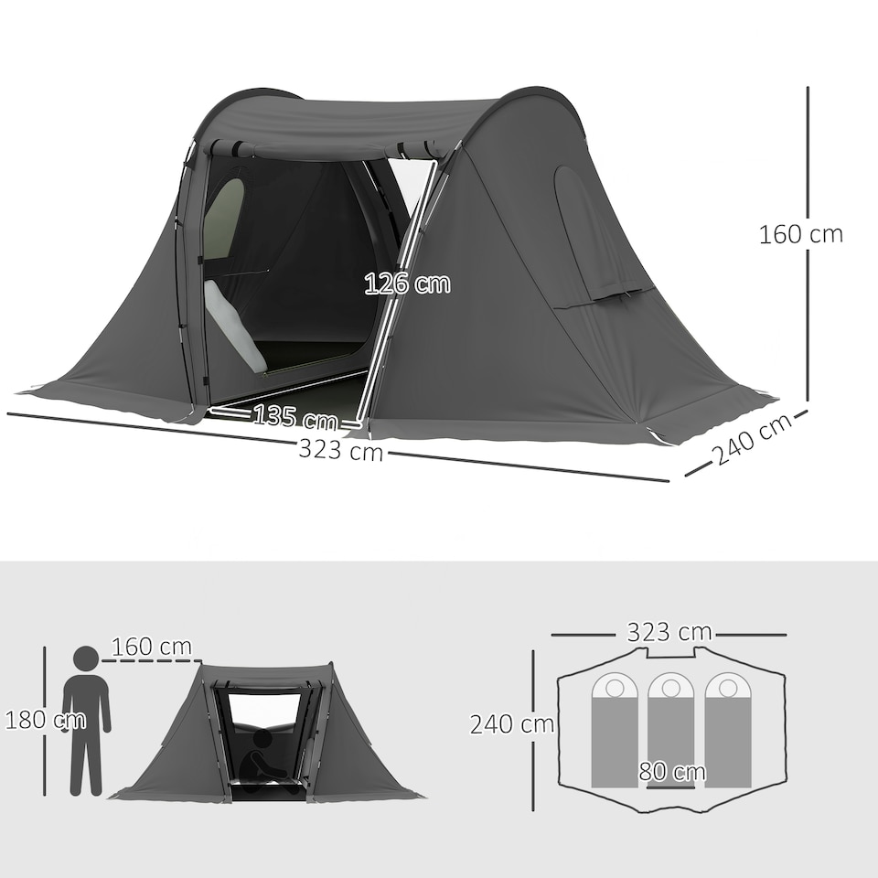 image 1 of Outsunny 3 Man Camping Tent with 2 Bedrooms, 3000mm Waterproof, Grey | Grey | Dark Grey | 323L x 240W x 160H cm