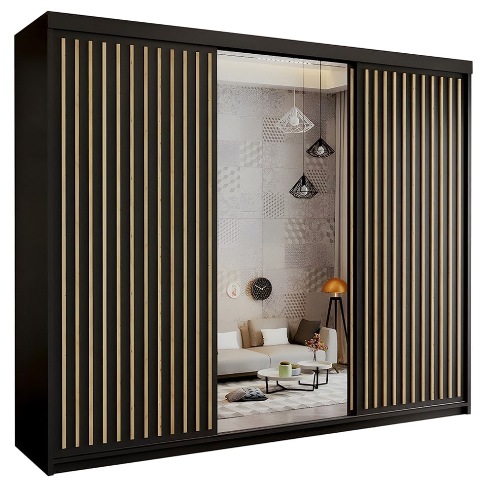 image 1 of Sliding Wardrobes 4U Modern Vertical Panelled Mirror Sliding Wardrobe – 150cm to 250cm, White, Black, Grey, Oak | Black | (Oak Strip) 250cm