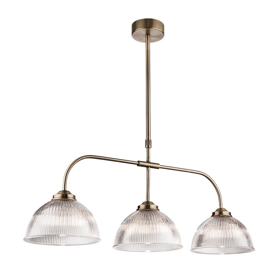 Ashford 3 Light Bar Ceiling Pendant Antique Brass with Clear Ribbed Glass, E14