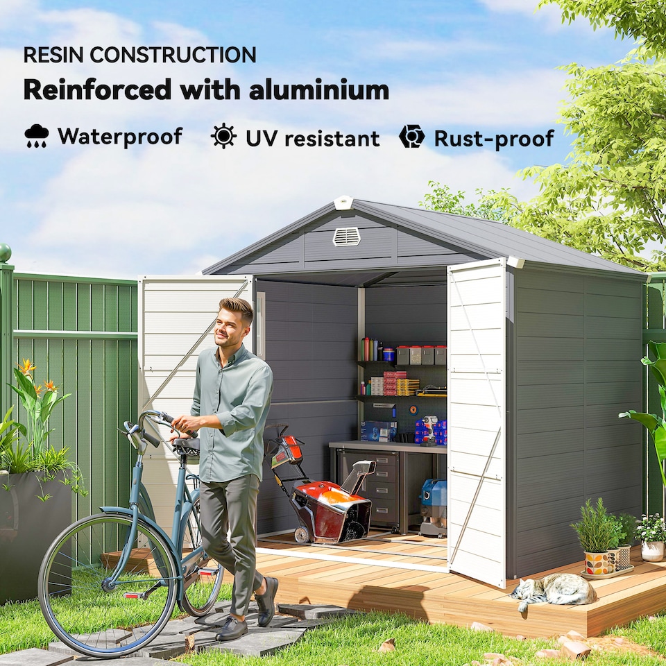 image 1 of Outsunny 8 x 6ft Plastic Garden Storage Shed with Foundation Kit, Polypropylene Outdoor Storage Tool House with Ventilation Slots and Lockable Door, Grey
