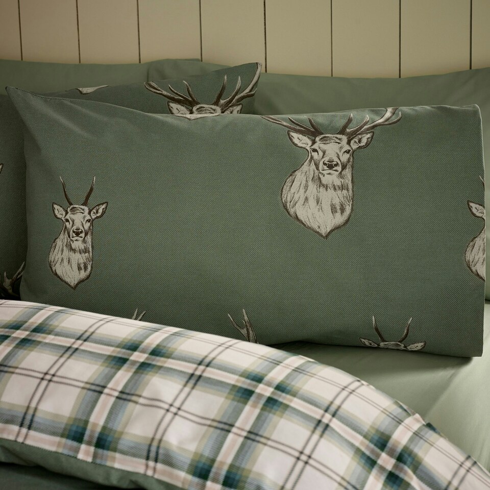 image 1 of Catherine Lansfield Stag Check Reversible Duvet Cover Set Soft Green Green | Soft Green | Single