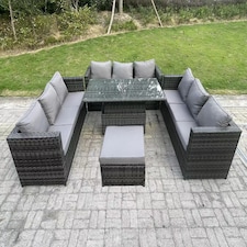 Fimous 10 Seater Rattan Garden Furniture Sofa Set Outdoor Adjustable Rising Lifting Dining Table Set with Big Footstool Dark Grey Mixed