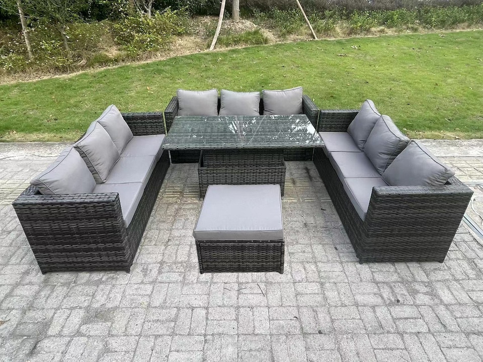 image 1 of Fimous 10 Seater Rattan Garden Furniture Sofa Set Outdoor Adjustable Rising Lifting Dining Table Set with Big Footstool Dark Grey Mixed