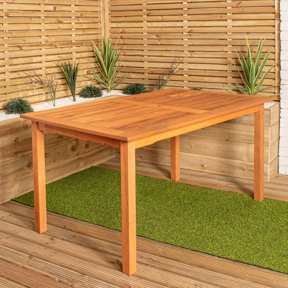 image 1 of Outdoor 6 Person Rectangular Wooden Garden Patio Dining Table Chairs with Green Parasol and Base Set