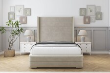 Sloomy Sterling Cream Plush Bed Frame With Mattress With 50"  Upholstered Wingback Headboard 4'6 Double