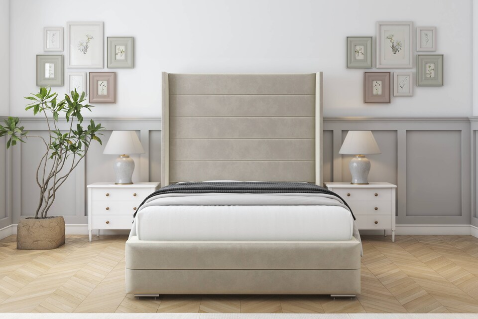 image 1 of Sloomy Sterling Cream Plush Bed Frame With Mattress With 50"  Upholstered Wingback Headboard 4'6 Double